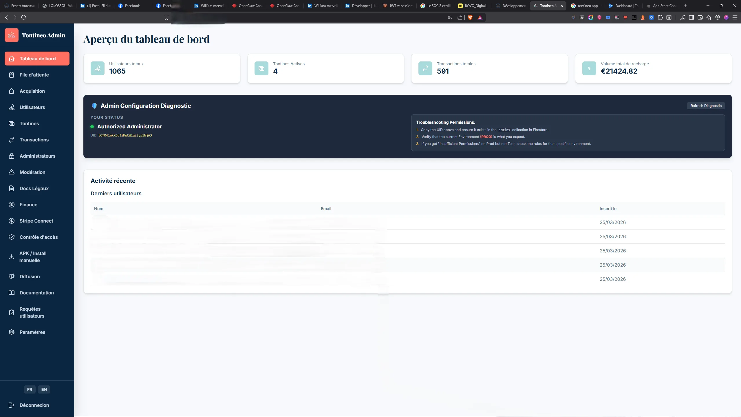 Capture d'écran du projet Tontineo - Application d'Administration — Développement Web