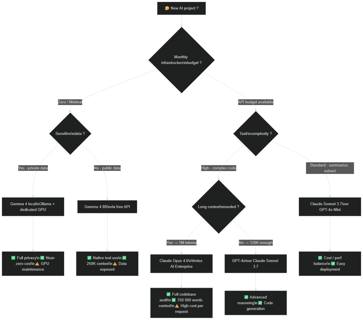 Decision tree: which AI model to choose based on budget, privacy, and complexity