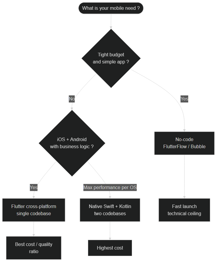 Decision tree: Flutter, no-code or native depending on budget and needs
