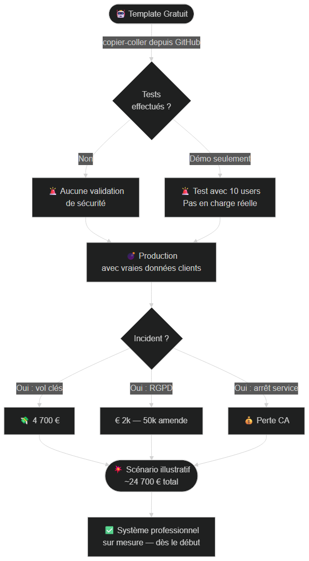 Flowchart comparatif — template gratuit non sécurisé vs système professionnel sécurisé